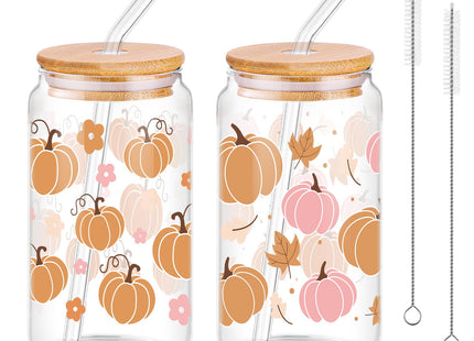 2 Pcs Fall Pumpkin Glass Cup With Lid & Straws Pumpkin Gifts for Women