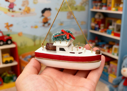 NAUTIMALL Christmas Hanging Lobster Boat Ornaments, 4 Inch Wooden Nautical Ship Decorations, White and Red/Green/Navy, Set of 3, Sailboat Decor