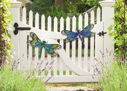 HONGLAND 2Pcs Metal Dragonfly Wall Decor Outdoor Dragonfly Wall Art Glass Sculpture for Home Garden Fence-Blue&Green