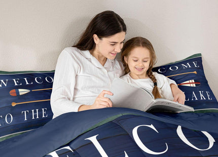 Kids Lake House Comforter Set Twin, Retro Paddle Wooden Bedding Sets For Kids Boys Teens Adult,Rustic Farmhouse Duvet Sets Old Barn Lake Paddle Decor Bedding Comforters Gift For Lake Lover,Dark Blue