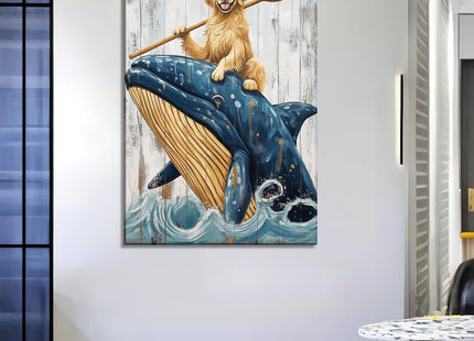 Funny Dog Riding Whale Bathroom Wall art Golden Retriever Picture Canvas Prints Ocean Waves Paintings Rustic Coastal Artwork for Living Room Home Wall Decor Framed - 12.00"x18.00"