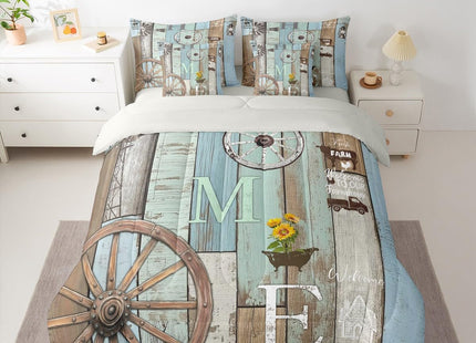 Erosebridal 7 Piece Farmhouse Bedding Country Rustic Cabin Twin Comforter Set with Sheets,Western Wooden Board Wheel Bed in A Bag for Kids Adults,Pastoral Planks Bed Sets Teal Brown Home Decor