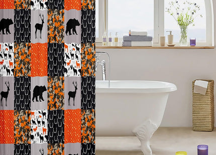 Camo Deer Antler Shower Curtains Home Decor,Deer Bear Wildlife Arrow Hunting Bath Curtain,Orange Camouflage Plaid Grid Print Cloth Waterproof Fabric Bath Room Decor Set with Hooks, 72Wx72L inch