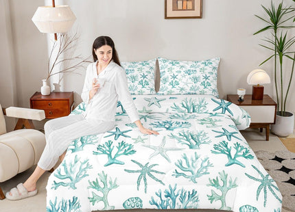 Erosebridal Shell Coral Starfish Comforter Set, Summer Coastal Twin Bedding Set, Beach Nautical Comforter for Kids Boys Girls Teens Adults Bedroom Decor, Ocean Life Quilt 2 Piece