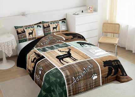 Retro Cabin Comforter Set 3Pcs, Pine Tree Buffalo Plaid Quilt Bear Deer Elk Bedding, Forest Wildlife Woodland Animals Duvet Insert Hunting Lodge Country Rustic Farmhouse Bedroom Decor, Full Size