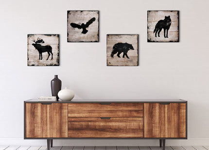 Rustic Animals Silhouette Cabin Wall Decor Wildlife Wall Art Woodland Nursery Bear Pictures for Living Room Farmhouse Moose Wolf Eagle Deer Poster Canvas Artwork Bedroom Lodge Home Decoration 12x12 4P