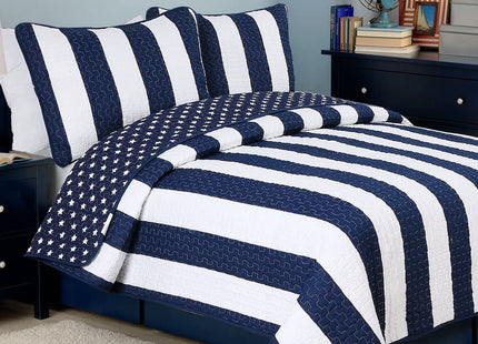 Cozy Line Home Fashions Sailor Popeye 's Bedding Quilt Set, Nautical Navy Blue White Star Striped 100% Cotton Reversible Coverlet Bedspread for Kids Boy (Sailor Star, Queen - 3 piece)