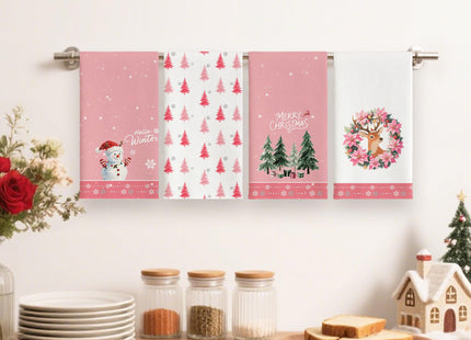 Hluvibbi Green Xmas Tree Snowman Reindeer Merry Christmas Kitchen Towels Dish Towels, 17x27 Inch Daily Seasonal Winter Decoration Hand Towels Set of 4,Pink Cute Farmhouse Home Decor