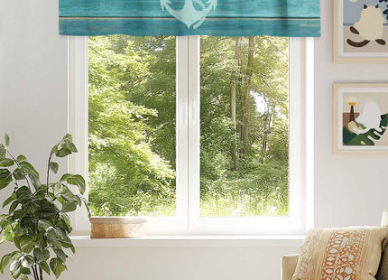 Teal Brown Kitchen Valance Curtain,Rustic Wood Board Window Curtain Topper,Retro Nautical Anchor Rod Pocket Curtain Valances for Bedroom,Short Curtains Window Treatment for Living Room 42x12in