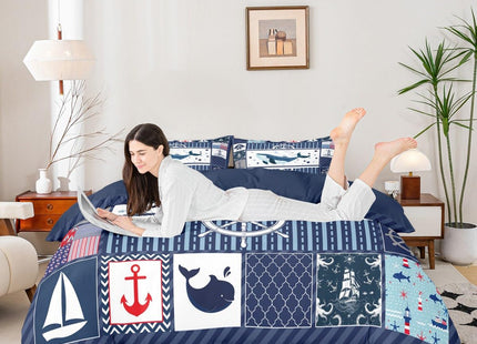 Homewish Sea Whale Duvet Cover Twin Size,Nautical Anchor Ship Rudder Plaid Comforter Cover Set for Kids Boys Girls,Navy Blue Ocean Geometric Bedding Quilt Cover Set Bedroom Decor, 2 Pieces
