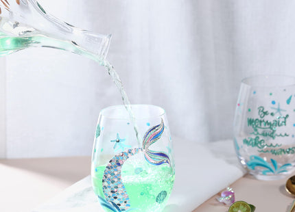 NymphFable Mermaid Set of 2 Hand-Painted Stemless Wine Glasses, 18 oz