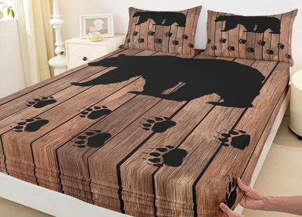 Black Bear Sheet Set Queen,Rustic Brown Farmhouse Wooden Board Bed Sheets Woodland Animal Bedding Sheets For Kids Boys Teens Men,Bear Paws Fitted Sheet + Countryside Flat Sheet + 2 Pillow Cases