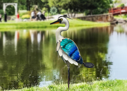 HONGLAND Solar Metal Crane Statue Garden Heron Sculpture, Glass Outdoor Heron Yard Art Coastal Ocean Bird Decor Lawn Ornament for Backyard Porch Patio Decor