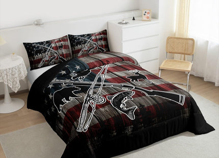 Homewish Retro American Flag Comforter Set Twin Size,Hunting and Fishing Bedding Set,Duck Deer Bear Bass Fish Wild Animals Theme Quilt Set for Kids Boys Men Teens Room Decor,Rustic Duvet Insert 2Pcs