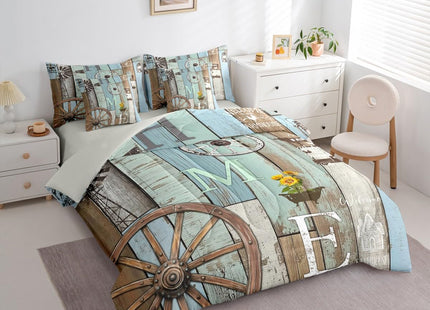 Erosebridal 7 Piece Farmhouse Bedding Country Rustic Cabin Twin Comforter Set with Sheets,Western Wooden Board Wheel Bed in A Bag for Kids Adults,Pastoral Planks Bed Sets Teal Brown Home Decor