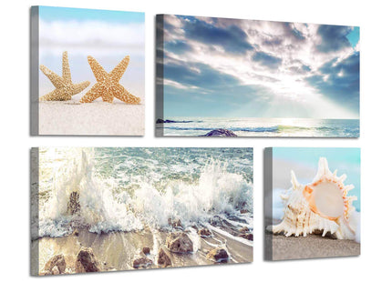 ARTISTIC PATH 4 PCS Coastal Beach Starfish Seashell Canvas Wall Art