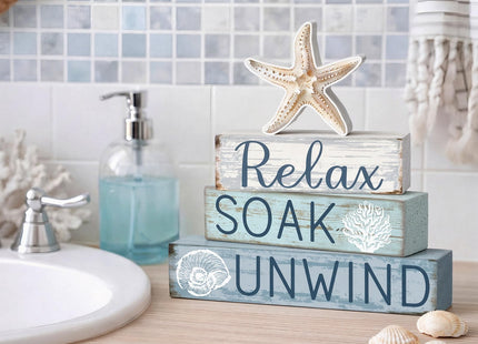 Cinnvoice 4 Pcs Coastal Relax Soak Unwind Bathroom Decor Sign