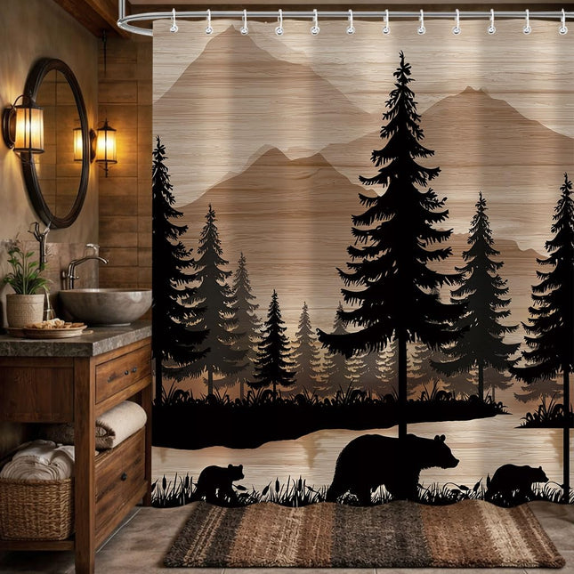 Moyrisou Rustic Lodge Bear Shower Curtain 72x72 Inch, Cabin Brown and Black Hunting Woodland Forest Wildlife Wooden Country Print Waterproof Fabric with 12 Hooks Bathroom Decor