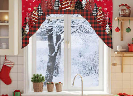 Red Christmas Tree Buffalo Plaid Curtain Valance for Window,Farmhouse Swag Curtains,Snowy Forest Farmhouse Valance for Kitchen Bathroom Bedroom,Rod Pocket Window Valance Curtains Over Sink 56"W x 36"L