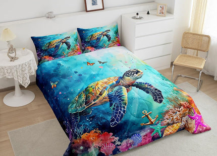 Erosebridal Cute Sea Turtle Bedding King Ocean Animal Comforter Set for Kids Teen Adults, Gradient Tie Dye Down Comforter Pastel Rainbow Bed Set, Coastal Sealife Quilted Duvet Breathable All-Season