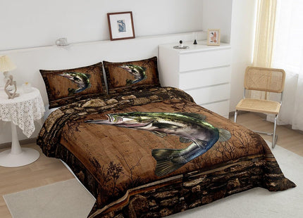 Feelyou Fish Comforter Set for Girls Boys Kids Full Size Fish Hunting Comforter Room Rustic Cabin Country Bedding Set Marine Life Sea Duvet Set 3Pcs Quilt Set