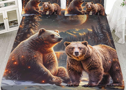 AILONEN Boys Rustic Bear Bedding Set Queen Size,Starry Brown Bear Fitted Sheet with 2 Pillowcases,3 Pieces Snow Animal Soft Sheet Set