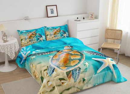 Erosebridal Ocean Themed Bedding Queen Sea Turtle Comforter Set, Hawaiian Beach Bedding Sets & Collections Teal Aqua Tortoise Down Comforter, Coastal Starfish Coral Bed Sets Aesthetic Room Decor 3pcs