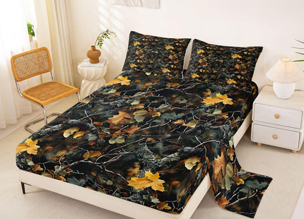 Castle Fairy Natural Bed Sheets 4 Pcs Full Size for Room Decor Forest Woods Deep Pocket,1 Fitted Sheet 1 Flat Sheet 2 Pillowcases,Nature Camo Tree Leaves Bedding Set,Green