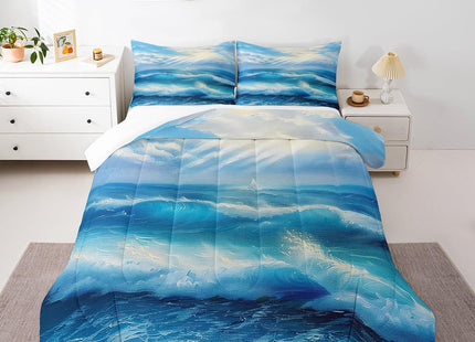 Erosebridal Sea Waves Comforter Set Twin Size, Sunset Down Comforter, Nautical Quilted Duvet, Coastal Nature Theme Duvet Insert, Blue Washable Super Soft Breathable Reversible Room Decoration