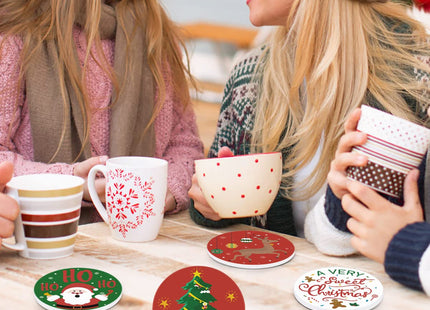 Christmas Coasters with Metal Holder Idea Round Absorbent Ceramic Stone Coasters Winter Holidays Christmas Tree Reindeer Santa Joy Snowman Gingerbread Cup Place Mat 4 Inches