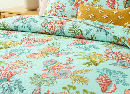 Autumn Dream Cotton Coastal Bedspread Quilt Sets Reversible Bedding Coverlet Sets Comforters, Fairytale Starfish Seashell Bedspread, Marine Green Ocean, King Size