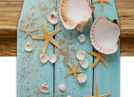 JanJCurt Starfish Seashell Table Runner, Summer Beach Nautical Coastal Rustic Farmhouse Wooden Plank Blue Ocean Table Runner for Dinning Holiday Party Indoor Outdoor Decor 13x36 Inch