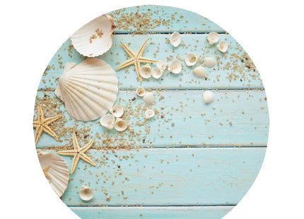 Giwawa Seashell Round Tablecloth, Summer Ocean Starfish on Blue Wooden Board Print, Coastal Beach Sand Circular Table Cover 60 Inch for Dining Kitchen Outdoor Parties Decor, Wrinkle Resistant Washable