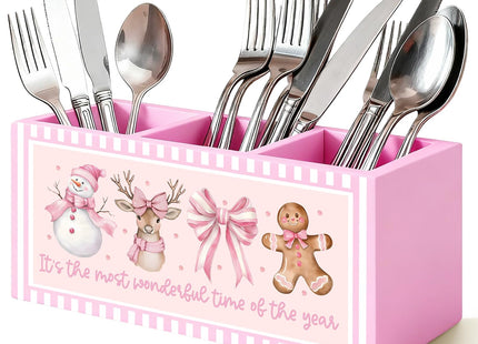 FDHSPAAM Pink Christmas Kitchen Utensil Holder, Coquette Bow Snowman Reindeer Gingerbread Cooking Utensil Holder Wooden Storage Organizer Box for Kitchen Counter, Girly Christmas Decor