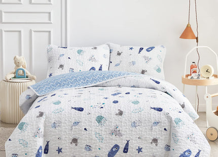 Joyreap 2-Piece Cotton Quilt Set Twin, Vibrant Ocean Theme Starfish Whale Crab Printed on White, Smooth Soft Quilt Bedspread Bed Cover for All Season, 1 Quilt and 1 Pillow Sham- 68x86 inches