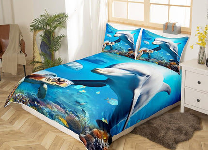 Erosebridal Dolphin Duvet Cover Twin Sea Turtle Bedding Sets Underwater World Fish and Coral Reef Comforter Cover Marine Ocean Theme Quilt Cover 2 Piece with 1 Pillowcase for Kids Teens, Blue