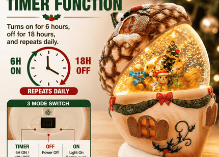 Christmas Pinecone Snow Globe Lantern with 6 Hours Timer, 3 AAA Battery Operated Glittering Water Globe, Lighted Squirrel Family Snow Globes for Xmas Mantel Tabletop Shelf Holiday Decorations Gifts