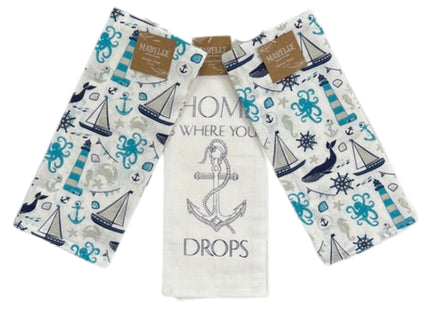 Nautical Coastal Cotton Kitchen Dish Towel Set, 2 Lighthouse 1 Anchor Drops