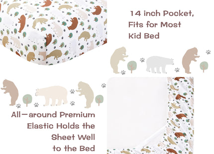 lasoftan Kids Sheet Set Twin Size, Twin Sheet Set with Forest Bear Pattern，Breathable Silky Soft Microfiber Kids Fitted Sheet
