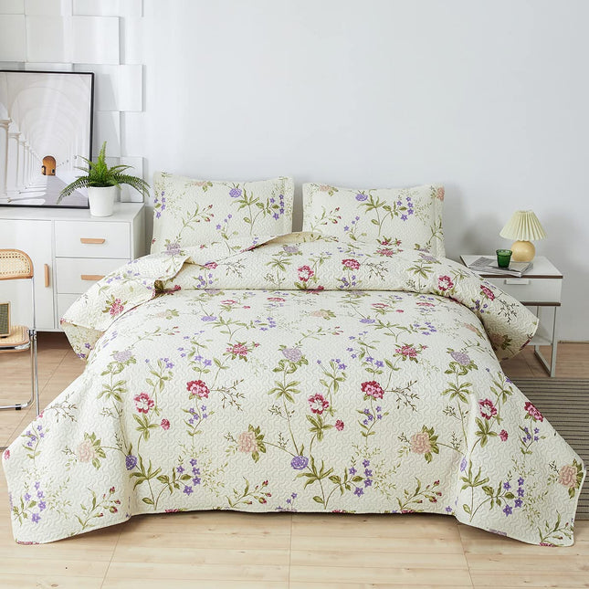 Green Essen Vintage Floral Quilts Full/Queen Size Lightweight Bedspread Rustic Botanical Bedding Garden Plants Blossom Coverlet Set Cabin Home Decor