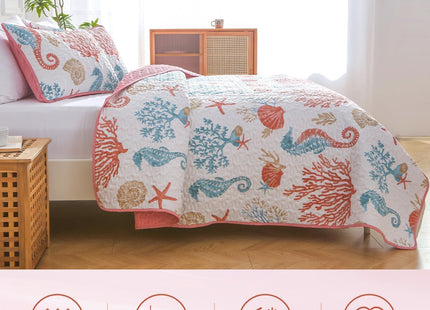 Heymybed Coastal Quilt Set Queen Size, 3 Pieces Pink Bedspread Coverlet with 2 Pillow Shams, Soft Microfiber Reversible Summer Beach Quilt Bedding Set for All Season 96"×90"