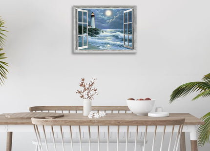 Lighthouse Nautical Wall Art Coastal Beach Pictures Wall Decor Ocean Canvas Prints Window Decorations Painting Framed Artwork Office Home Decor For Bathroom Bedroom Dining Living Room 16"x12"
