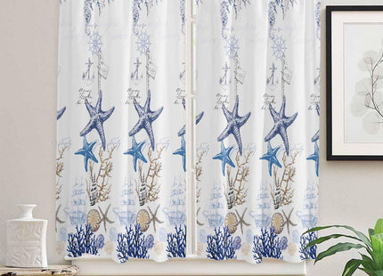 Ocean Beach Starfish Kitchen Curtain 63 Inch Length Drapes for Cafe/Living Room, Blue Coastal Coral Shell Nautical Boat Window Treatment Rod Pocket Bathroom Bedroom Drapery Panels Curtains, 84x63