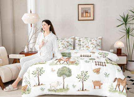 Erosebridal 7 Pcs Cute Farm Animals Kids Comforter Set Cartoon Horse Sheep Cow Pig Twin Bedding Set for Child Rustic Farmhouse Cabin Comforter Woodland Animal Trees Top Sheet for Boys Girls Bedroom