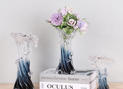 Blue White Clear Wave Gradient, Hand Blown Glass Vase Unique Art Decorative Vase for Ocean Inspired Coastal Home Decor, Centerpiece for Modern Office, Entryway Table