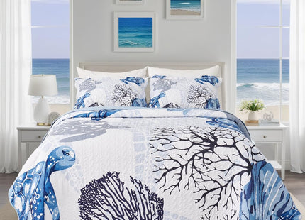 EVENHUG Coastal Quilt Set King Size Reversible Summer Ocean Beach Themed Bedding with Pillow Shams Lightweight Blue Nautical Coral Seahorse Bedspread Coverlet for All Season 3 Piece (106''x96'')