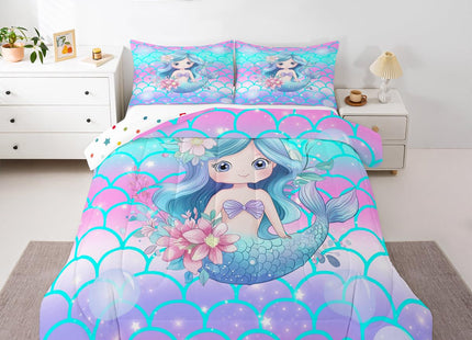 Erosebridal Kids Mermaid Full Size Comforter Sets for Girls Blue Pink Sparkle Mermaid Bedding Pastel Fish Scale Bedding Comforter Sets Coastal Beach Duvet Insert for Toddler Teen Cartoon Bed Set 3pcs