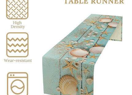 JanJCurt Starfish Seashell Table Runner, Summer Beach Nautical Coastal Rustic Farmhouse Wooden Plank Blue Ocean Table Runner for Dinning Holiday Party Indoor Outdoor Decor 13x36 Inch
