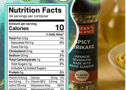 Ocean Balance Spicy Furikake Seasoning w/Cayenne Pepper –Furikake Seasoning w/Sesame Seeds + Maine Coast Seaweed – Great for Sushi Rice, Avocado Toast & Plant-Based Diets