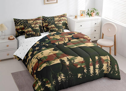 Erosebridal American Flag Camo Deer Full Comforter Set 7 Piece,Rustic Cabin Deer Bed in a Bag Farmhouse Animal Decor for Home,Western Bedding Sets with Fitted Sheet,Flat Sheet,Pillowcases & Shams